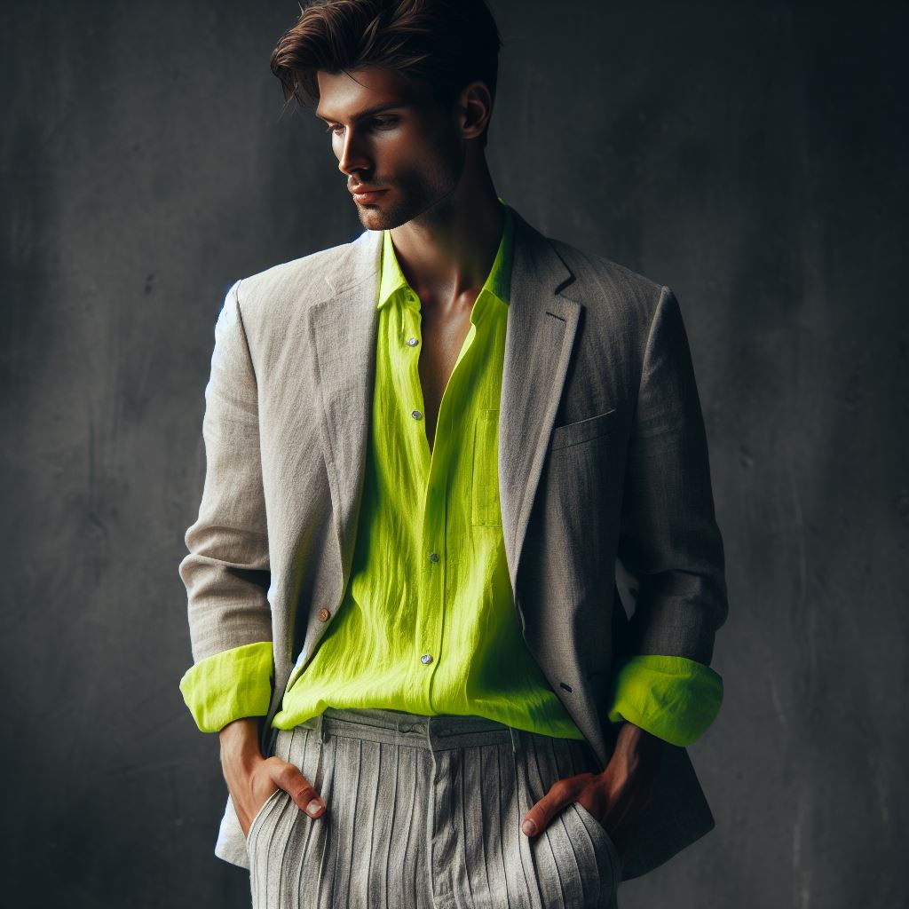 homem usando uma camisa neon com calças de linho e um blazer minimalista